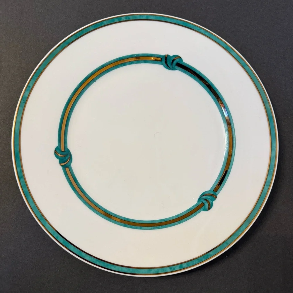 CHRISTOFLE RUBANEA VERT DINNER PLATE PORCELAIN WHITE GREEN GOLD FRANCE 10.5”
